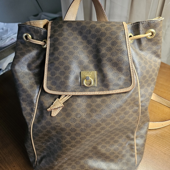 Celine Dark Brown Patterned Backpack with Tan Accents - Picture 1 of 12